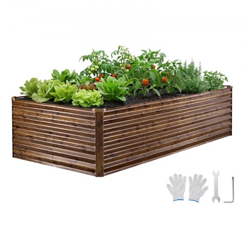 VEVOR Cama Elevada de Jardín 240 x 120 x 62 cm Rectangular, Arriate de Jardín de Metal con Fondo Abierto, para Cultivo de Flores Plantas Verduras con Accesorios para Terraza Patio, Color de Madera