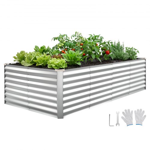 VEVOR Cama Elevada de Jardín 240 x 120 x 62 cm Rectangular, Arriate de Jardín de Metal con Fondo Abierto, para Cultivo de Flores Plantas Verduras con Accesorios para Terraza Patio Balcón, Plateado
