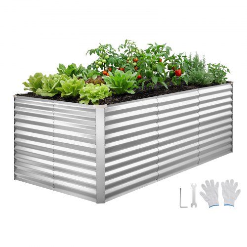 VEVOR Cama Elevada de Jardín 240 x 120 x 86 cm Rectangular, Arriate de Jardín de Metal con Fondo Abierto, para Cultivo de Flores Plantas Verduras con Accesorios para Terraza Patio Balcón, Plateado