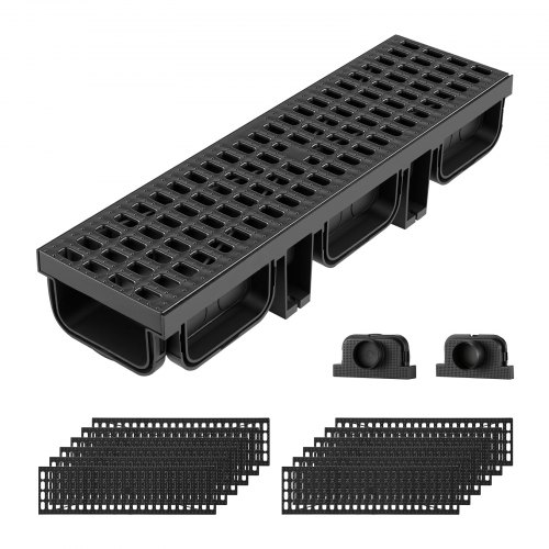 VEVOR Canal Lineal de Drenaje de HDPE de 510 x 140 x 90 mm, Paquete de 12, Canaleta de Desagüe con Tapas y Rejillas, Soporta hasta 1500 kg, Sistema de Drenaje Exterior para Jardín Piscina Garaje Patio