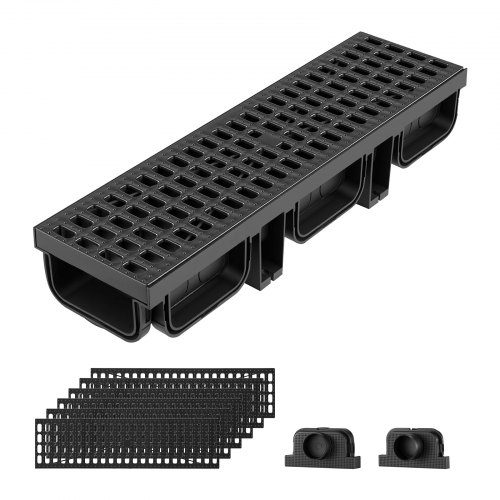 VEVOR Canal Lineal de Drenaje de HDPE de 510 x 140 x 90 mm, Paquete de 6, Canaleta de Desagüe con Rejillas y Tapas, Soporta hasta 1500 kg, para Jardín Piscina Patio Garaje, Sistema de Drenaje Exterior