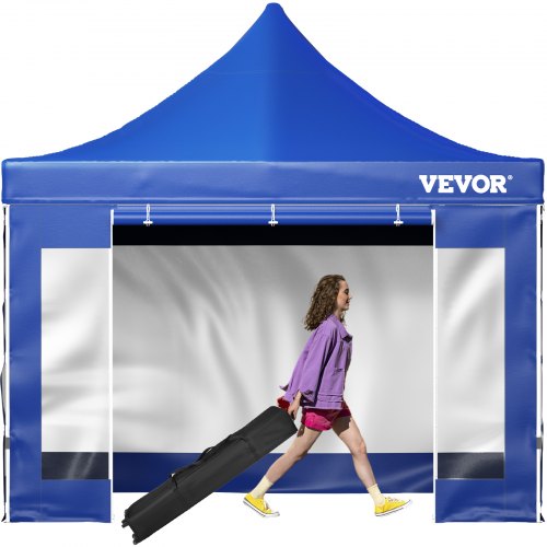 VEVOR Carpa Plegable con Paredes Laterales Cenador Plegable de 3 x 3 m Carpas Impermeables de PVC con Bolsa de Tela Cenador para Exteriores 3 Alturas Ajustables Azul para Fiestas, Bodas, Reuniones