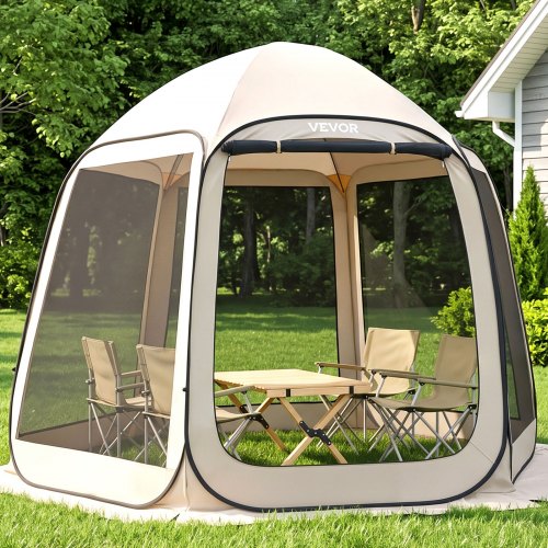 VEVOR Carpa Plegable, 3030 x 2650 x 2300 mm, 4-8 Personas, con Mosquitera, Bolsa de Transporte, Laterales de Malla y Estacas para el Suelo, para Jardín, Patio y Actividades al Aire Libre, Beige