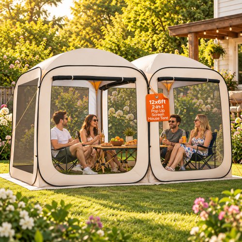 VEVOR Carpa Plegable, 3660 x 1825 x 2200 mm, 2 en 1, con Mosquitera, Bolsa de Transporte, Laterales de Malla y Estacas para el Suelo, para Jardín, Patio y Actividades al Aire Libre. Color Beige