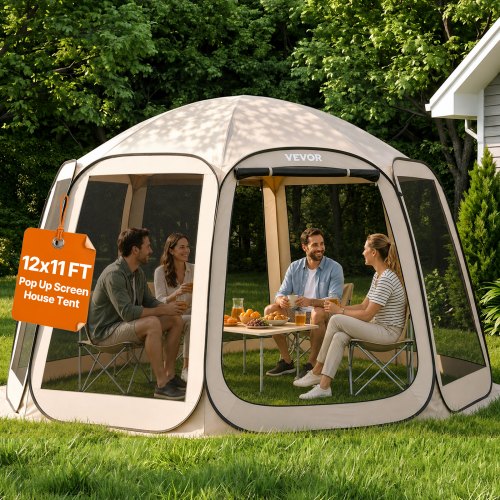 VEVOR Carpa Plegable, 3660 x 3380 x 2300 mm, 10-12 Personas, con Mosquitera, Bolsa de Transporte, Laterales de Malla y Estacas para el Suelo, para Jardín, Patio y Actividades al Aire Libre, Beige