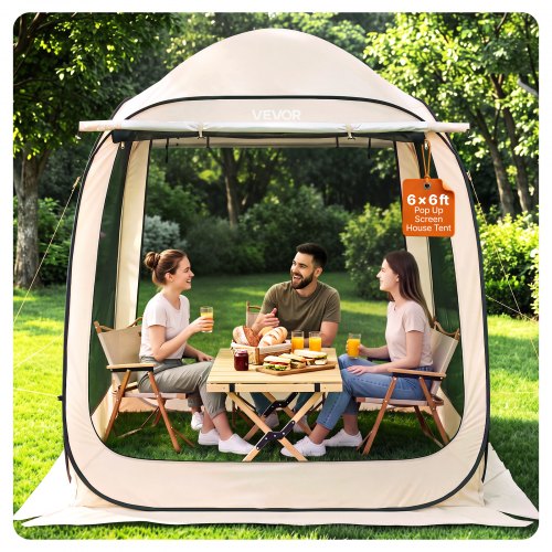 VEVOR Carpa Plegable con Mosquitera, 1825 x 1825 x 2200 mm, 4-6 Personas, Polígono 4 Lados, con Toldo Extensible, Bolsa de Transporte, Laterales de Malla, para Relajarse, Leer o Descansar, Beige