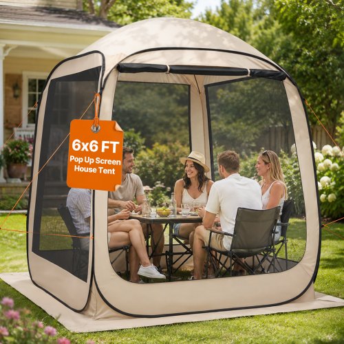 VEVOR Carpa Plegable con Mosquitera, 1825 x 1825 x 2200 mm, para 4-6 Personas, Polígono de 4 Lados, con Bolsa de Transporte, Laterales de Malla y Estacas para el Suelo. al Aire Libre, Color Beige