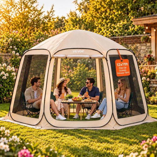 VEVOR Carpa Plegable con Mosquitera, 3660 x 3380 x 2300 mm, 10-12 Personas, Polígono de 8 Lados, con Toldo Extensible, Bolsa de Transporte, Laterales de Malla, para Actividades al Aire Libre, Beige