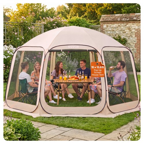 VEVOR Carpa Plegable, Polígono de 8 Lados, 4500 x 4250 x 2450 mm, para 12-15 Personas, con Bolsa de Transporte, Laterales de Malla y Estacas para el Suelo, para Actividades al Aire Libre, Beige