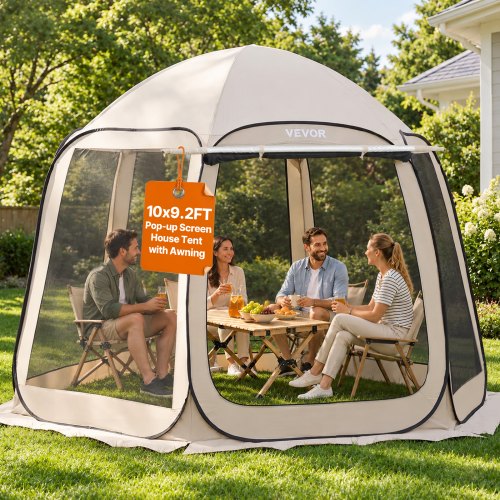 VEVOR Carpa Plegable Portátil con Mosquitera, 3030 x 2650 x 2300 mm, para 4-8 Personas, Polígono de 6 Lados, con Toldo Extensible, Bolsa de Transporte, Laterales de Malla, para Patios, Beige