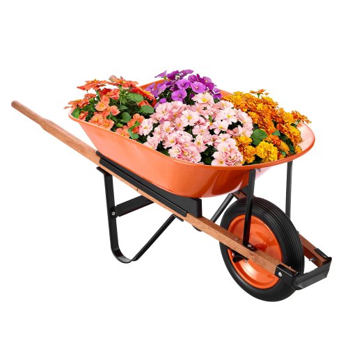 VEVOR Carretilla para Jardín Carga de 120 kg Carro de Descarga con 1 Rueda de 40 cm y Asa Carro Utilitario de Fácil Carga Carrito para Césped al Aire Libre, Patio, Granja, Naranja y Negro