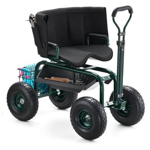 VEVOR Carrito Asiento Giratorio de 360° de Jardín con Ruedas Altura Ajustable Asa Extensible Soporta hasta 181 kg con Respaldo Ergonómico Espacio para Guardar Herramientas para Trabajo de Jardinería