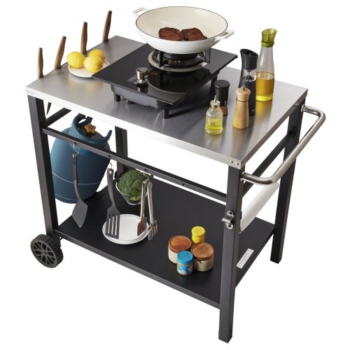 VEVOR Carrito de Comedor para Barbacoa al Aire Libre con Estante Doble, Mesa Móvil de Preparación de Alimentos para Barbacoa, Tapa de Hierro Plegable Multifuncional, Carros para Exteriores, 85x55 cm