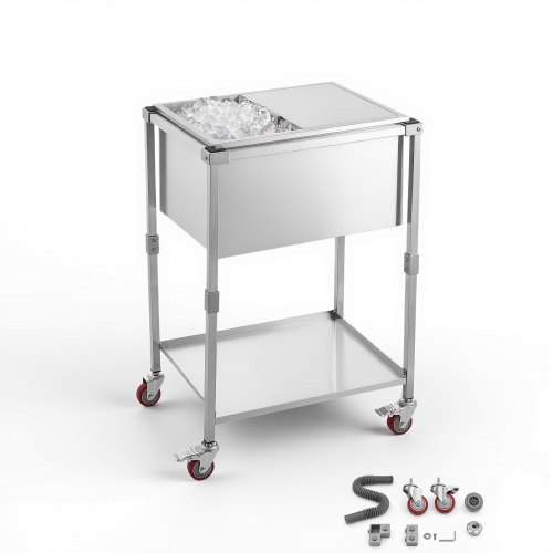 VEVOR Carrito Enfriador para Bebidas y Hielo 42,4 L, con Tapa Deslizante, de Acero Inoxidable, Carrito Nevera para Exterior con Estante, para Jardín, Piscina, Restaurante, 66 x 50,5 x 98,5 cm