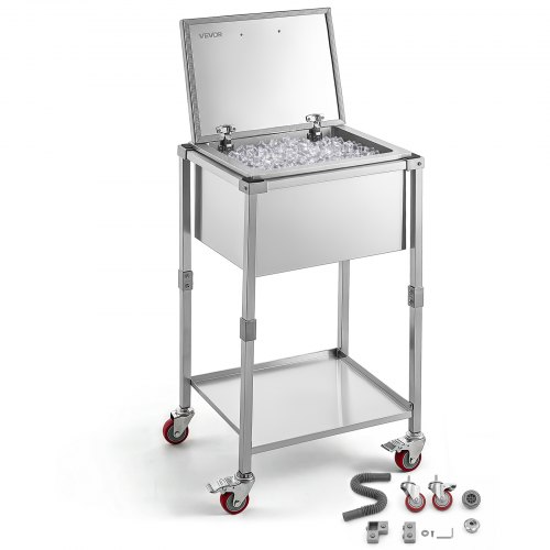 VEVOR Carrito Enfriador para Bebidas y Hielo 54,6 L con Tapa Abatible, de Acero Inoxidable, con Estante y Ruedas, para Jardín, Piscina, Restaurante, Fiesta, Gran Capacidad, 55,8 x 45,5 x 100,3 cm