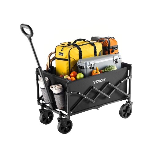 VEVOR Carrito Plegable para Exteriores, Carro de Transporte Plegable de 660 x 450 x 460 mm con Ruedas Todoterreno, Asa Ajustable Capacidad de Peso de 102,06 kg, para Playa, Jardín, Color Negro