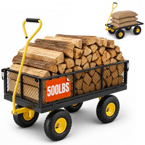 VEVOR Carrito Resistente de Jardín de Acero de 1700 x 480 x 515 mm con Neumáticos de 10", Laterales de Malla Extraíbles y Manija Giratoria de 180°, Capacidad de Carga de 226,80 kg, Amarillo y Negro