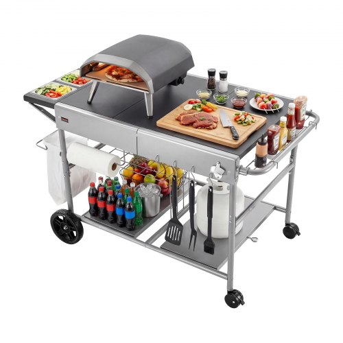 VEVOR Carro de Barbacoa para Exterior, Mesa de Barbacoa con Ruedas y Estante, Carrito con 4 Recipientes para Especias, Tapas y Ganchos, Mesa Auxiliar para Jardín, Picnic, Cocina, Patio