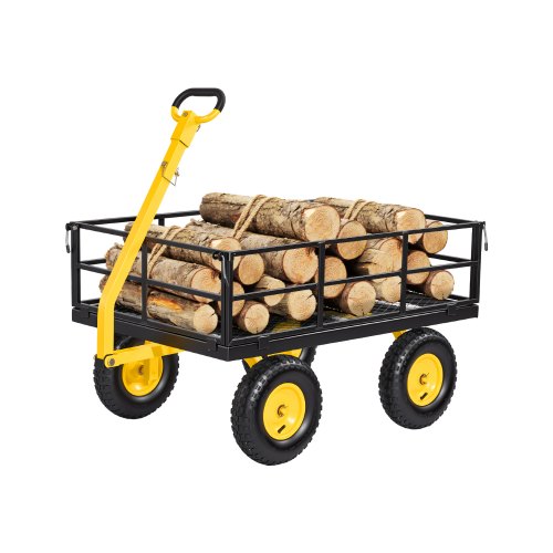 VEVOR Carro de Jardín Capacidad de Carga 544 kg Carretilla de Mano Exterior, para Transporte de Leña Madera, Ruedas Todoterreno, Laterales Desmontables, Mango Giratorio, Marco de Acero, Amarillo Negro