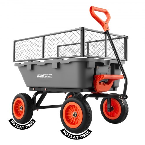 VEVOR Carro de Jardín con Función Basculante Carga de 362 kg, con Valla de Almacenamiento, Carro de Jardín de Polietileno Mecanismo de Volcado de 90°, con Ruedas Giratorias de 180°, para Plantas