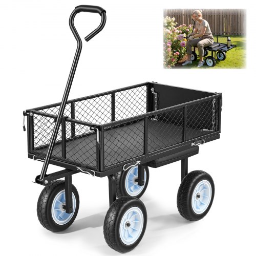 VEVOR Carro de Jardín con Ruedas, Carro de Mano Capacidad Máxima 226 kg, Acero Reforzado con Asiento, Neumáticos, Paneles Desmontables, Asa Ajustable para Transporte de Carga Pesada Exterior, Negro