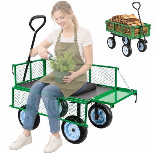 VEVOR Carro de Jardín con Ruedas, Carro de Mano Capacidad Máxima 226 kg, Acero Reforzado con Neumáticos, Asiento, Asa Ajustable, Paneles Desmontables para Transporte de Carga Pesada Exterior, Verde