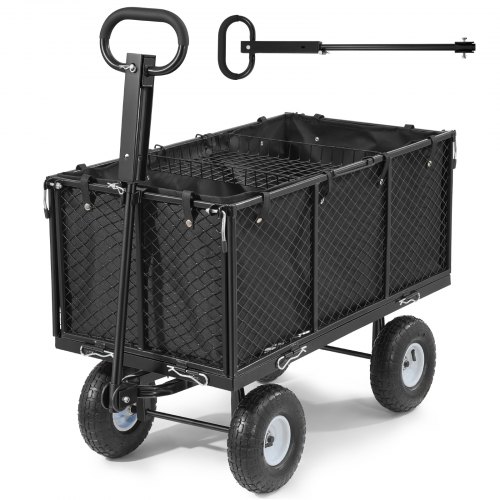VEVOR Carro de Jardín con Ruedas, Carro de Mano Capacidad Máxima 544 kg, Acero Reforzado con Neumáticos, Asa Ajustable, Paneles Laterales Desmontables para Exterior Transporte de Carga Pesada, Negro