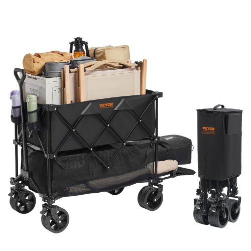 VEVOR Carro de Jardín Plegable Carro de Transporte de Playa 400 L Carga Máxima 102 kg con Ruedas Soporte para Bebidas, Carro Deportivo Resistente para Camping, Compras, Jardín, Exterior, Negro