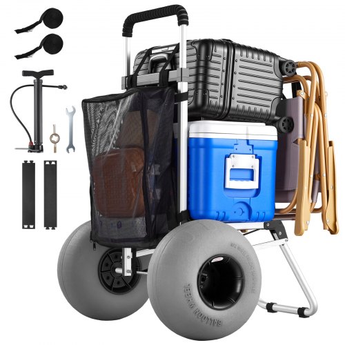 VEVOR Carro de Playa con Ruedas de Globo, Carrito Plegable, Capacidad de Carga de 75 kg, con Plataforma de Carga, Asa Ajustable de 4 Niveles, para Camping, Pesca, Eventos Deportivos, Picnics