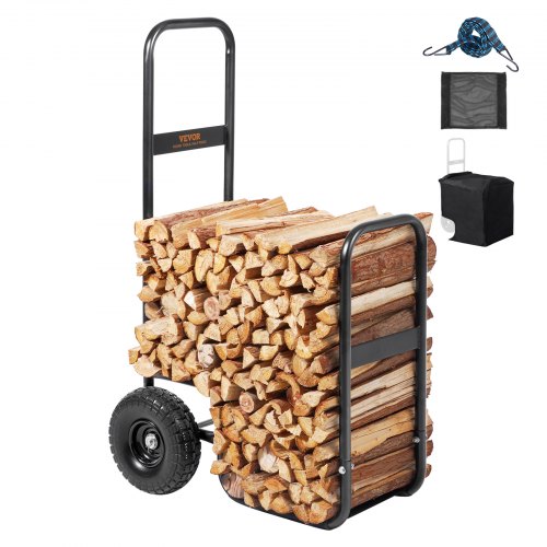 VEVOR Carro de Transporte de Troncos de Leña Carga 113,4 kg Carro para Leños de Acero 67x52x110 cm Almacenamiento de Leños con Ruedas de PU Cubierta Impermeable Soporte para Leños para Chimenea, Negro