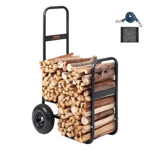 VEVOR Carro de Transporte de Troncos de Leña Carga 113,4kg Carro para Leños de Acero 67x52x110cm Almacenamiento de Leños con Ruedas de Goma Inflables Soporte para Leños Exterior para Chimenea, Negro