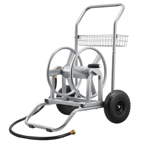 VEVOR Carro Portamangueras de Jardín de Alta Presión de 60/90 Metros, con Dos Ruedas, Asa y Cesta de Almacenamiento de Malla Resistente, para Jardín, Coche y Mascotas, 675 x 610 x 900 mm, Plata