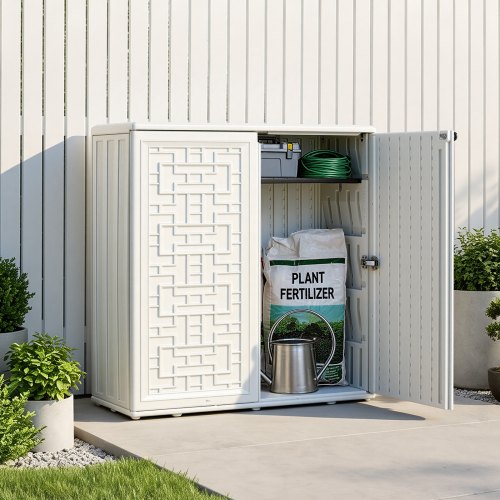 VEVOR Cobertizo de Jardín para Almacenamiento Armario de Exterior Blanco, para Organizar Herramientas en Patio Jardín Terraza, a Prueba de Lluvia, Estantes Ajustables, Puertas con Cerrojo, de Resina
