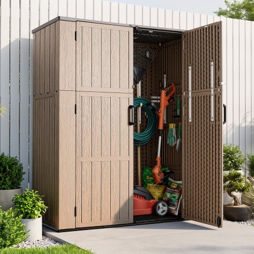 VEVOR Cobertizo de Jardín para Almacenamiento Armario de Resina Marrón, para Organizar Herramientas de Jardinería, Impermeable, Puertas con Cerradura, 1420 x 670 x 1760 mm, Dispositivo Antivuelco