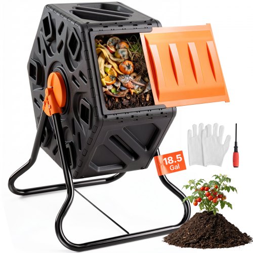 VEVOR Compostador Giratorio de Jardín 70 L Contenedor de Abono Giratorio de 360° Doble Cámara de PP Sin BPA Carga 20 kg para Compostaje de Residuos Orgánicos Cocina Jardinero Terraza Patio Exterior