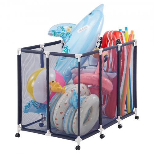 VEVOR Contenedor de Almacenamiento para Piscina, 122 x 84 x 99 cm, Organizador de Cesta de Malla, Marco Plástico, con Ruedas con Freno, Gran Capacidad para Equipos de Natación Juguetes Flotadores