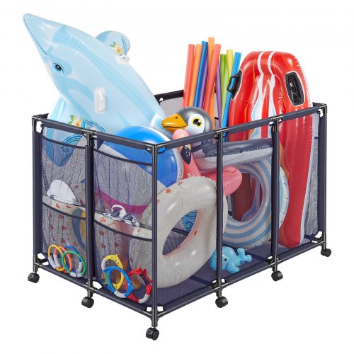 VEVOR Contenedor de Almacenamiento para Piscina, 125 x 84 x 84 cm, Cesta de Almacenamiento, con Ruedas con Freno Bolsillos Laterales, Organizador de Malla para Accesorios de Natación Juguetes Pelotas