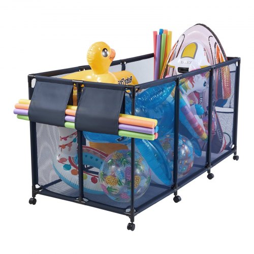VEVOR Contenedor de Almacenamiento para Piscina, 175,5 x 81,5 x 89 cm, Cesta de Malla, Marco Metálico, con Ruedas Bolsillos Laterales Soporte, Organizador para Accesorios de Natación Juguetes Pelotas