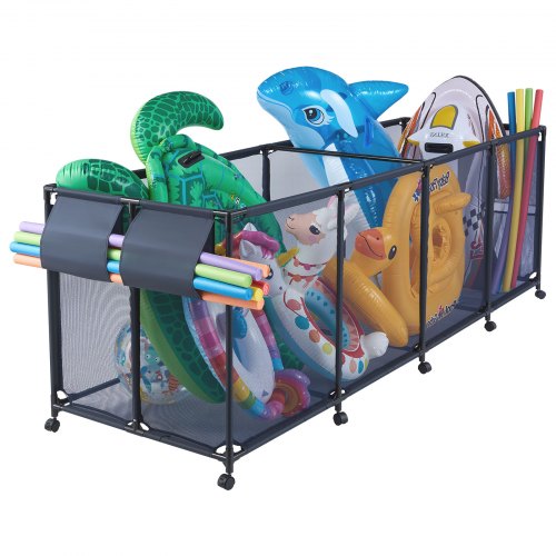 VEVOR Contenedor de Almacenamiento para Piscina, 262 x 81,5 x 89 cm, Cesta de Malla, con Bolsillos Laterales Soporte para Fideos Flotadores, Marco Metálico, Organizador para Accesorios de Natación