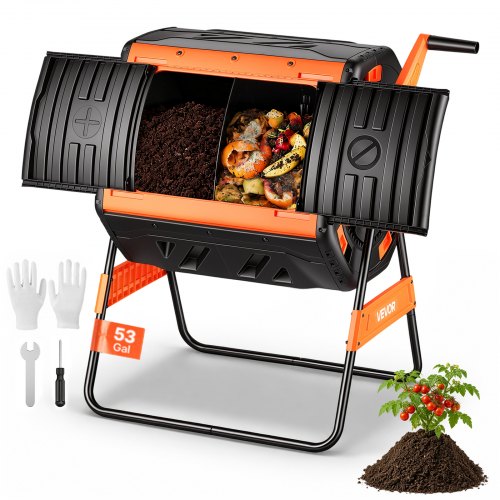VEVOR Contenedor Giratorio para Compostaje 200 L Cámara Doble, Compostador de Compostaje Rotación Asistida por Manivela, Barril de Plástico, Estructura de Acero para Residuos de Exterior, Jardín