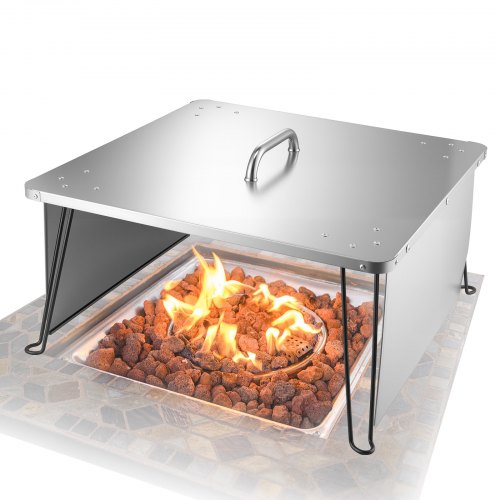 VEVOR Deflector de Calor para Fogatas, Cubierta Cuadrada para Quemador Exterior 645 x 645 x 370 mm, Acero Inoxidable, para Camping, con 4 Patas Plegables y Asa de Transporte, a Prueba de Chispas