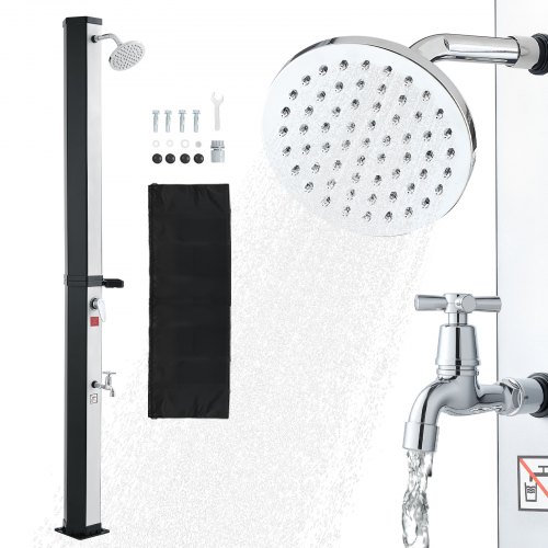 VEVOR Ducha Solar 35 L 195 cm, Ducha Exterior Solar con Grifo y Porta Jabones, Cabezal Giratorio 360° Ajuste de Agua Fría y Caliente Máx. 60 °C, PVC Reforzado, para Piscina Patio Playa, Negro Plateado