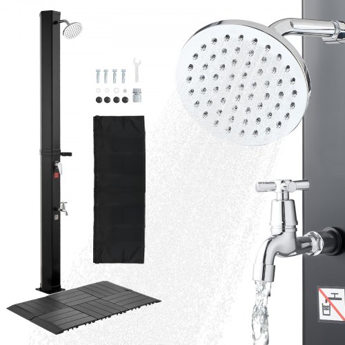 VEVOR Ducha Solar 35 Litros 195 cm, Ducha Solar Exterior con Suelo y Grifo de Pedal, Cabezal Giratorio 360° Ajuste de Agua Fría y Caliente hasta 60 °C, PVC Reforzado, para Piscina Jardín Playa, Negro
