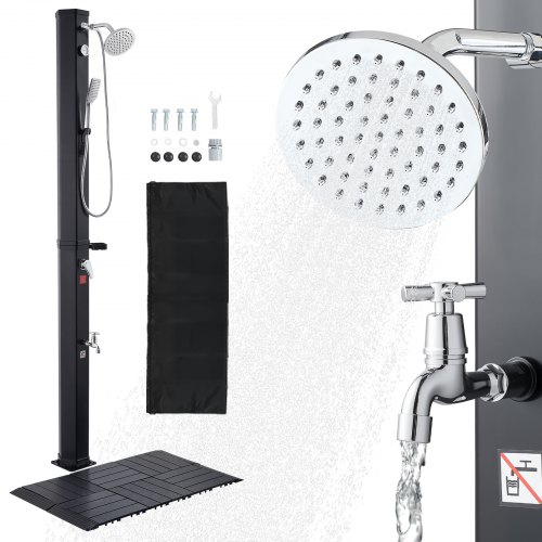 VEVOR Ducha Solar 40 L 205 cm, Ducha Exterior sin Conexión Eléctrica con Suelo y Grifo, Cabezal Giratorio 360°, Ajuste Agua Fría y Caliente Máx. 60 °C, PVC Reforzado, para Piscina Jardín Playa, Negro