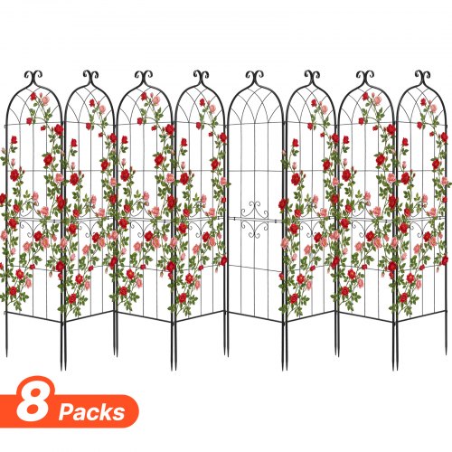 VEVOR Enrejado Metálico para Jardín, 180 x 52,5 cm, Celosías de Jardín, Conjunto de 8 Piezas, Soporte para Enredaderas con Estacas, Decoración de Diseño Elegante, para Plantas Trepadoras Flores, Negro
