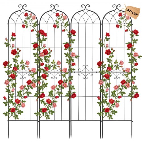 VEVOR Enrejado Metálico para Jardín, 220 x 52,5 cm, Celosías de Jardín, Set de 4 Piezas, Soporte para Plantas Trepadoras, con Estacas, Diseño Elegante, Acero al Carbono, para Verduras Flores, Negro
