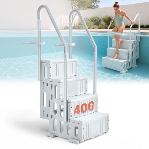 VEVOR Escalera para Piscina, 4 Escalones con Pasamanos Dobles y Escalones Antideslizantes, Carga 181,4 kg, para Piscinas Enterradas y Elevadas con Superficie de Cubierta, Gris, 874 x 808 x 1985 mm