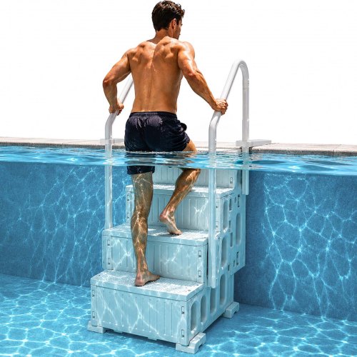 VEVOR Escalera para Piscina, 4 Escalones con Pasamanos Dobles y Escalones Resistentes Antideslizantes, Carga de 181,4 kg, para Piscinas Enterradas y Elevadas, Blanco Leche, 874 x 808 x 1985 mm