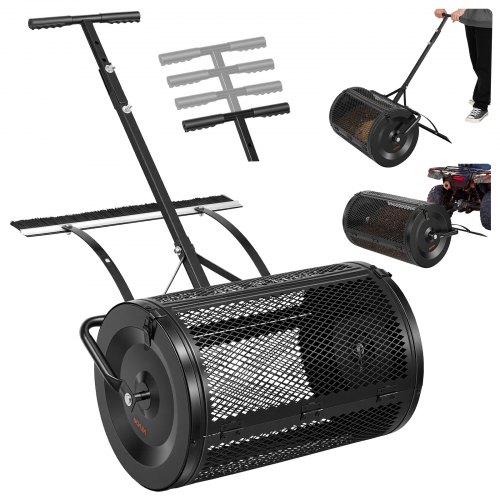VEVOR Esparcidor de Compostaje 76,5 L, Ancho de Trabajo de 61 cm, Esparcidor de Abono Semillas Fertilizante, con Enganche de Remolque y Cepillo Nivelador, Acero, Distribuidor para Césped Jardín Huerto