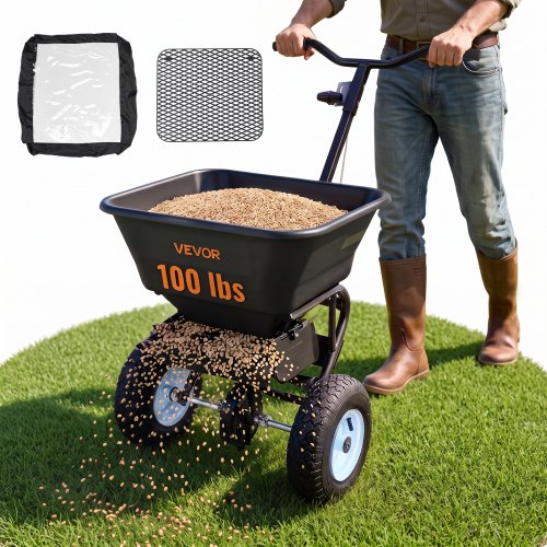 VEVOR Esparcidor de Empuje Manual Capacidad de 45,2 kg, Esparcidor de Compost con Rejilla de Tolva y Ruedas, Ancho de Esparcimiento de 0 a 3 m para Semillas y Fertilizantes, para Jardín, Césped